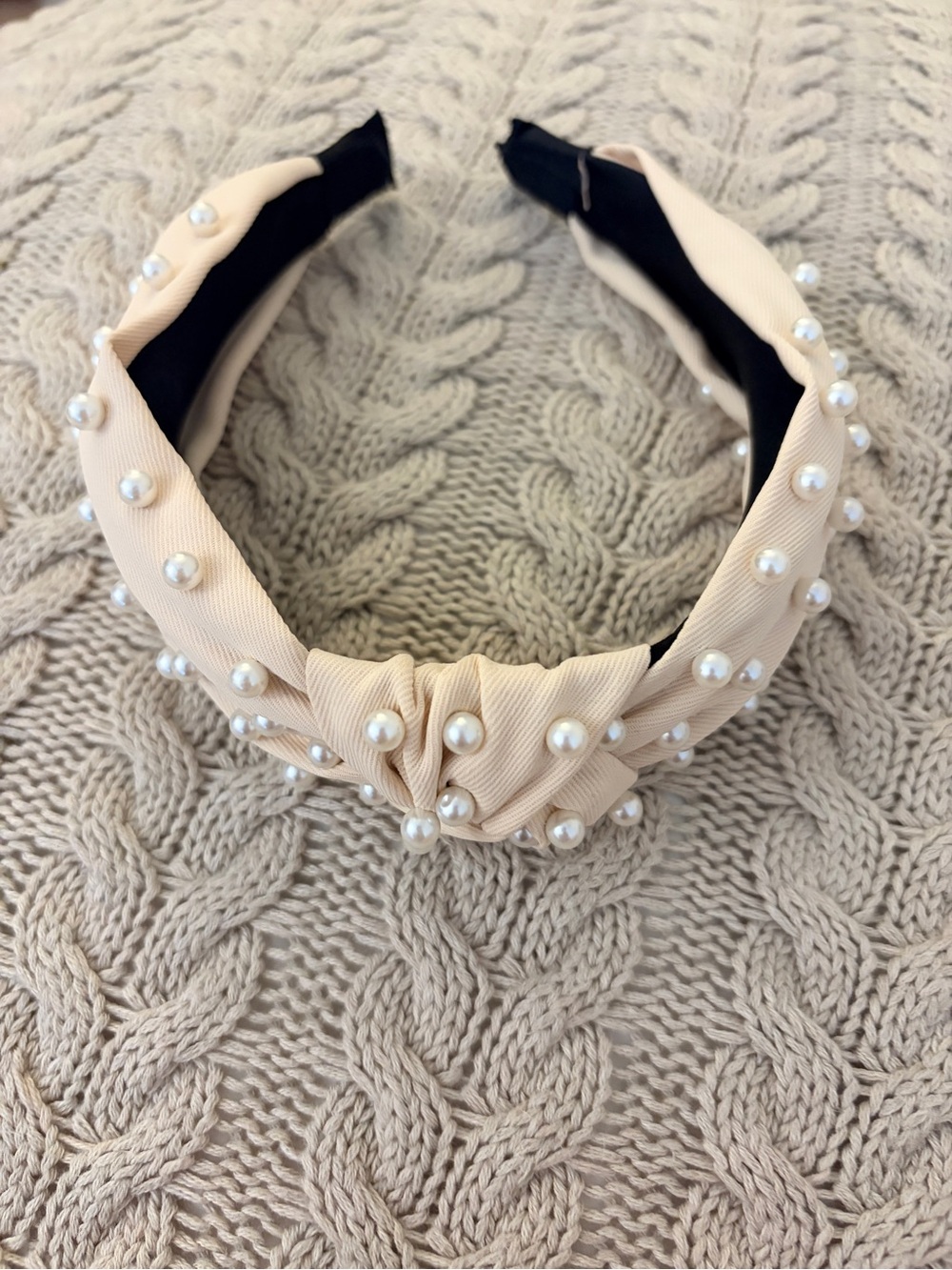 Pearl-Embellished Beige Knot Headband